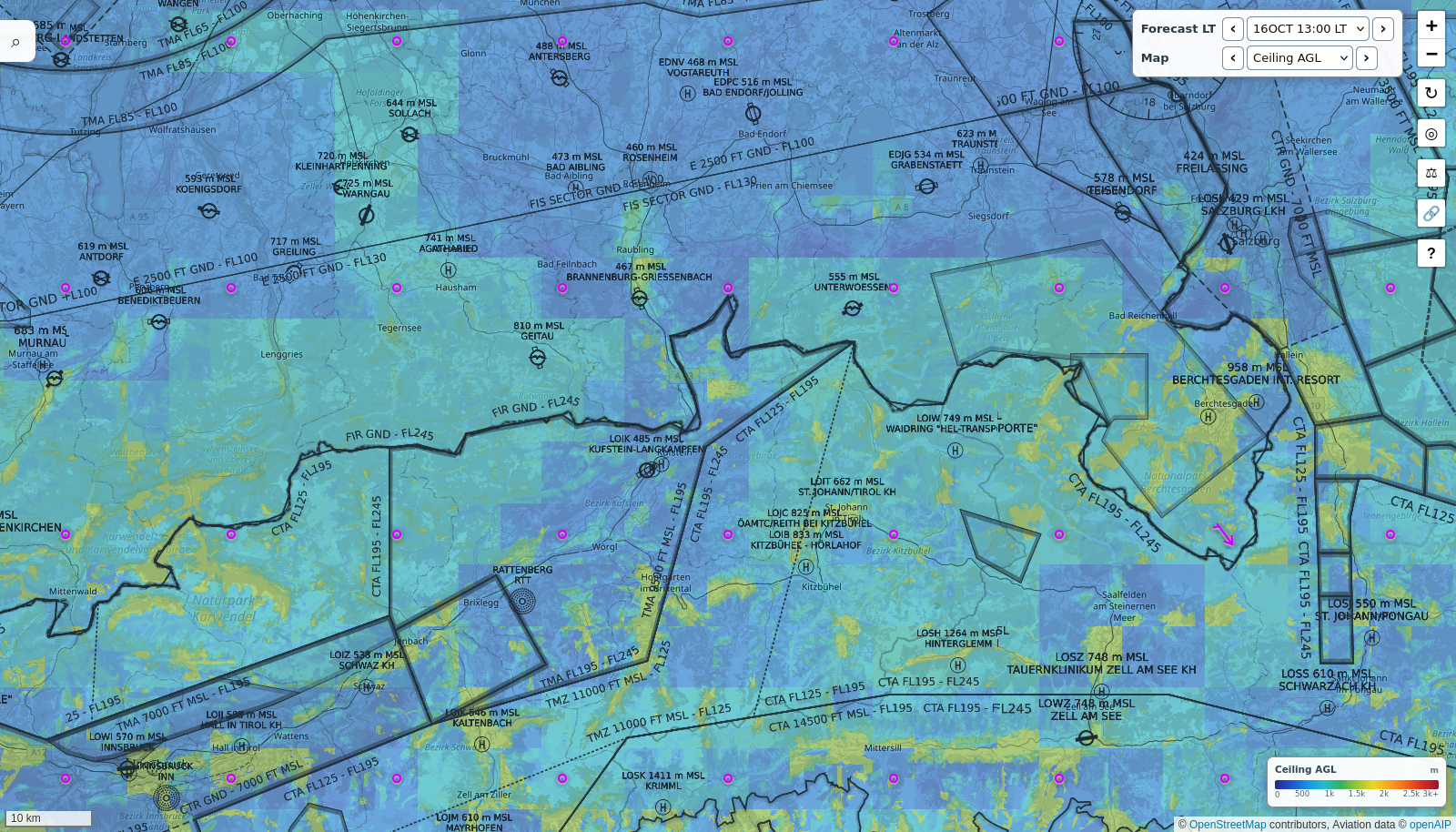 Real Ceiling AGL map over the Bavarian Alps for 16 Oct 13:00: blue where the lift ends low, cyan to yellow-green around 1000 to 1500 m above the ground over the mountains, with its height legend