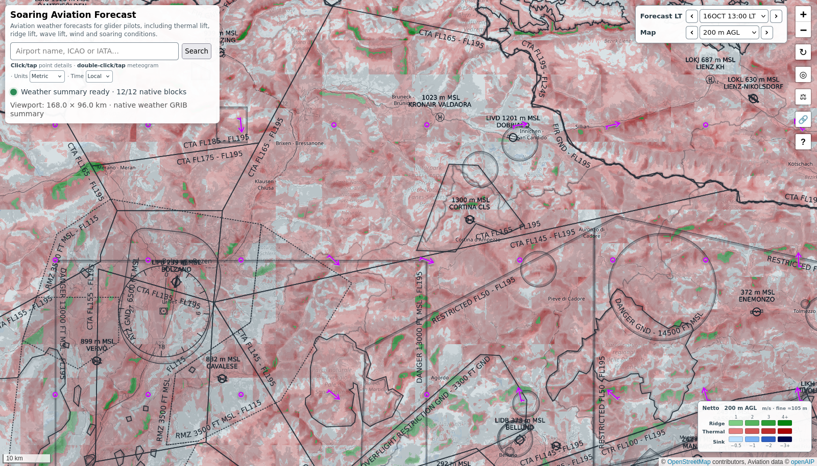 Real SoaringWeather map over the Dolomites: the search and Units and Time panel, the Forecast and Map menus set to 16 Oct 13:00 and 200 m AGL, wind arrows, red thermal lift, green ridge lift, the map buttons and the lift legend